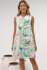 Coralline Mini Dress - Mandarin Collar Sleeveless Button Down Shift Dress with Pockets in Sorbet Print