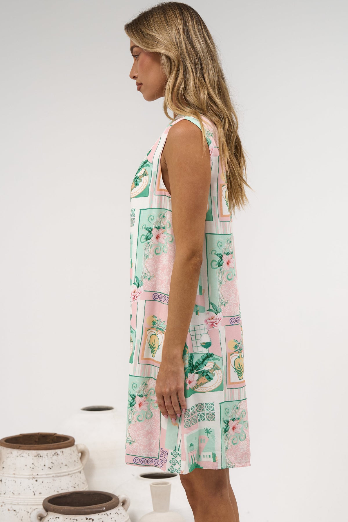 Coralline Mini Dress - Mandarin Collar Sleeveless Button Down Shift Dress with Pockets in Sorbet Print