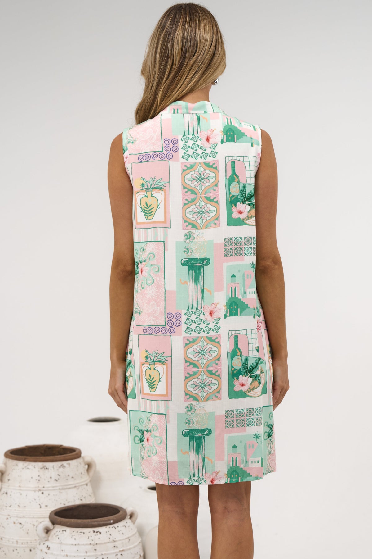 Coralline Mini Dress - Mandarin Collar Sleeveless Button Down Shift Dress with Pockets in Sorbet Print