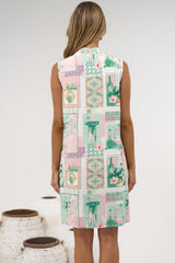 Coralline Mini Dress - Mandarin Collar Sleeveless Button Down Shift Dress with Pockets in Sorbet Print