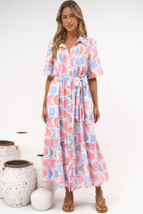 Vespera Maxi Dress - Collared Pintuck Detailed Shirt Dress with Matching Waist Tie in Sunset Swirl Print