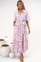 Vespera Maxi Dress - Collared Pintuck Detailed Shirt Dress with Matching Waist Tie in Sunset Swirl Print