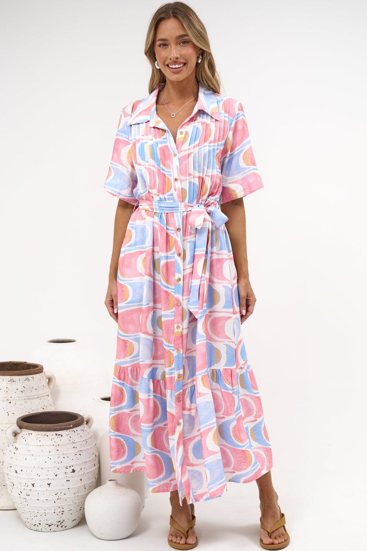 Vespera Maxi Dress - Collared Pintuck Detailed Shirt Dress with Matching Waist Tie in Sunset Swirl Print
