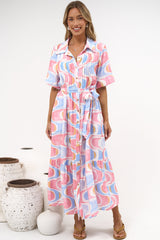 Vespera Maxi Dress - Collared Pintuck Detailed Shirt Dress with Matching Waist Tie in Sunset Swirl Print