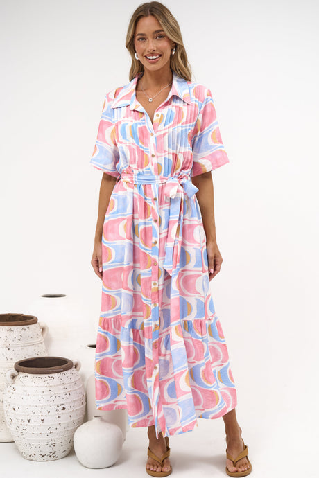 Vespera Maxi Dress - Collared Pintuck Detailed Shirt Dress with Matching Waist Tie in Sunset Swirl Print