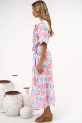 Vespera Maxi Dress - Collared Pintuck Detailed Shirt Dress with Matching Waist Tie in Sunset Swirl Print