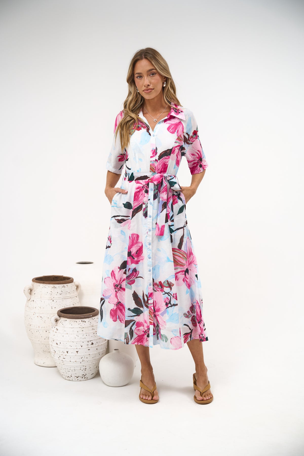 Posie Midi Dress - Collared Button Down Shirt Dress with Matching Waist Tie in Anemone Print