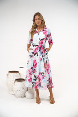 Posie Midi Dress - Collared Button Down Shirt Dress with Matching Waist Tie in Anemone Print