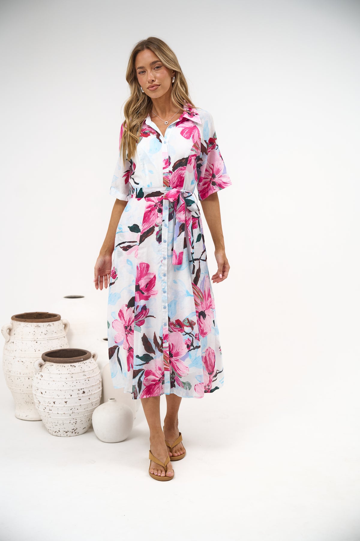 Posie Midi Dress - Collared Button Down Shirt Dress with Matching Waist Tie in Anemone Print