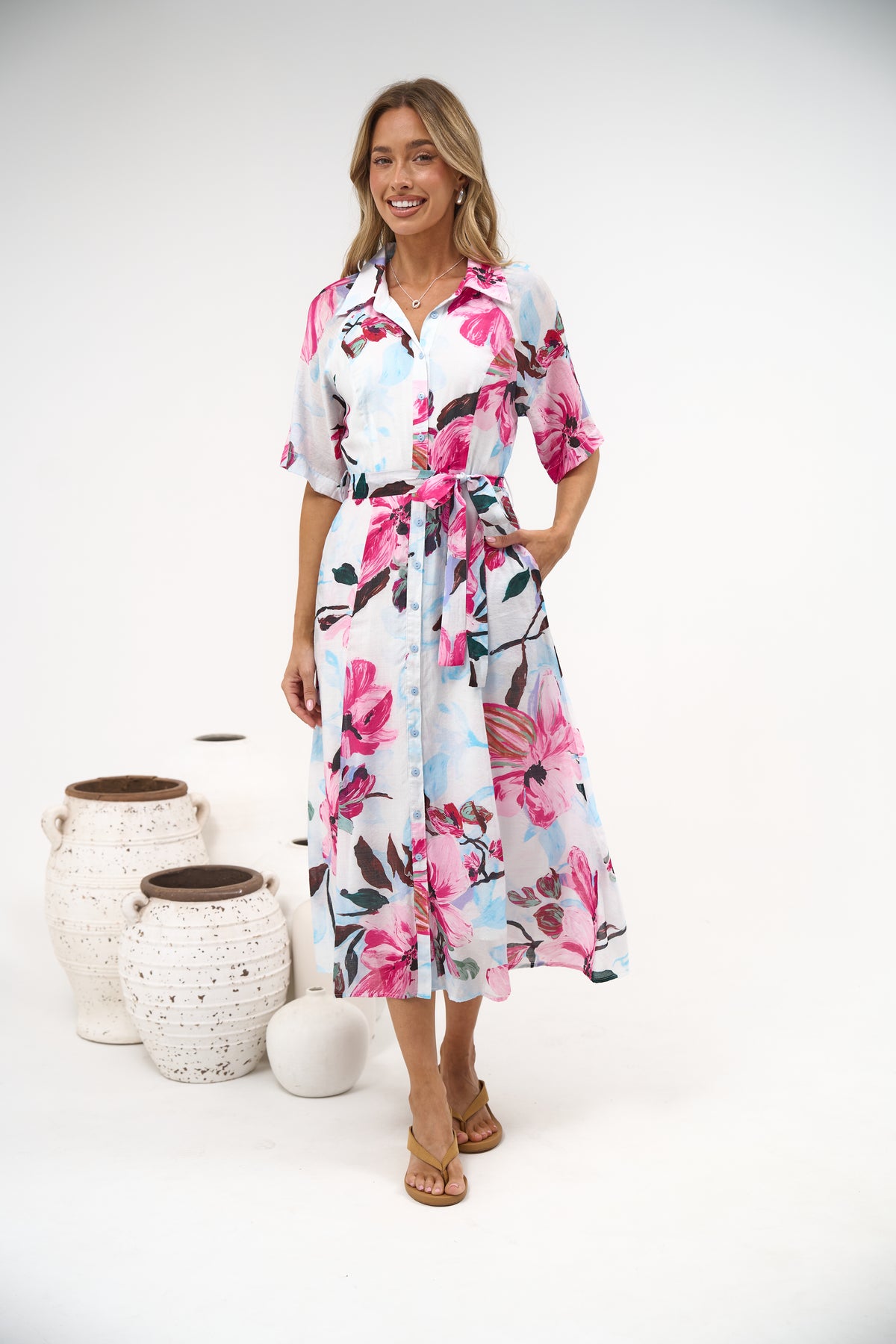 Posie Midi Dress - Collared Button Down Shirt Dress with Matching Waist Tie in Anemone Print