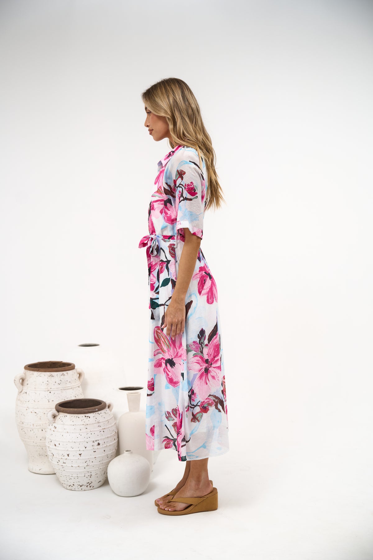 Posie Midi Dress - Collared Button Down Shirt Dress with Matching Waist Tie in Anemone Print