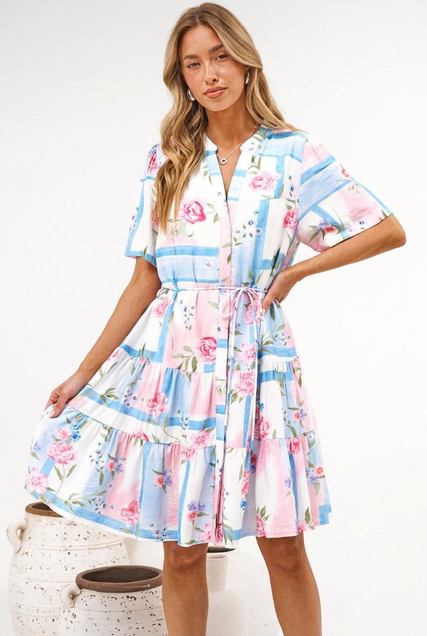 Alissa Mini Dress - Mandarin Collar Shirt Dress with Waist Tie in Bluebelle Print