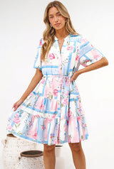 Alissa Mini Dress - Mandarin Collar Shirt Dress with Waist Tie in Bluebelle Print