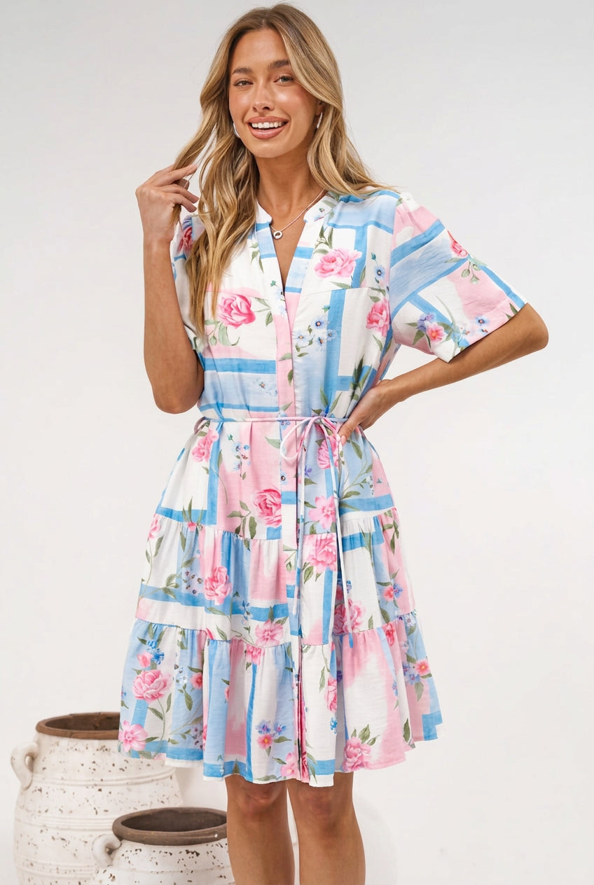 Alissa Mini Dress - Mandarin Collar Shirt Dress with Waist Tie in Bluebelle Print