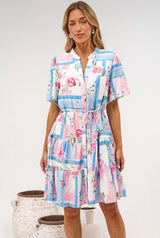 Alissa Mini Dress - Mandarin Collar Shirt Dress with Waist Tie in Bluebelle Print