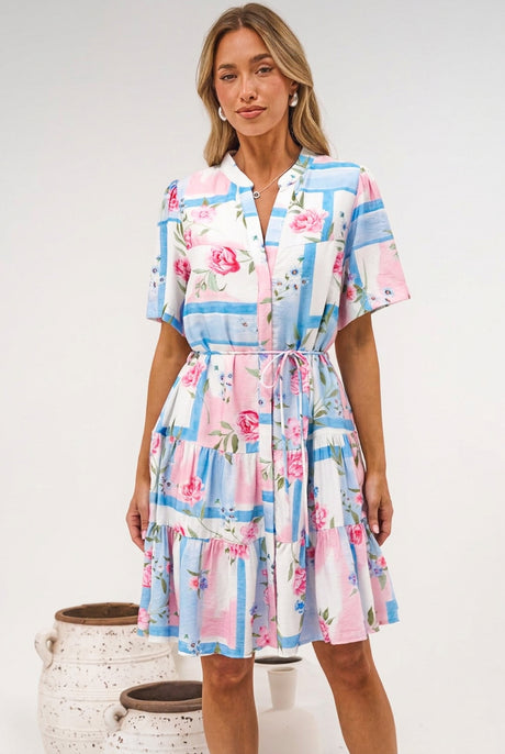Alissa Mini Dress - Mandarin Collar Shirt Dress with Waist Tie in Bluebelle Print