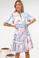 Alissa Mini Dress - Mandarin Collar Shirt Dress with Waist Tie in Bluebelle Print