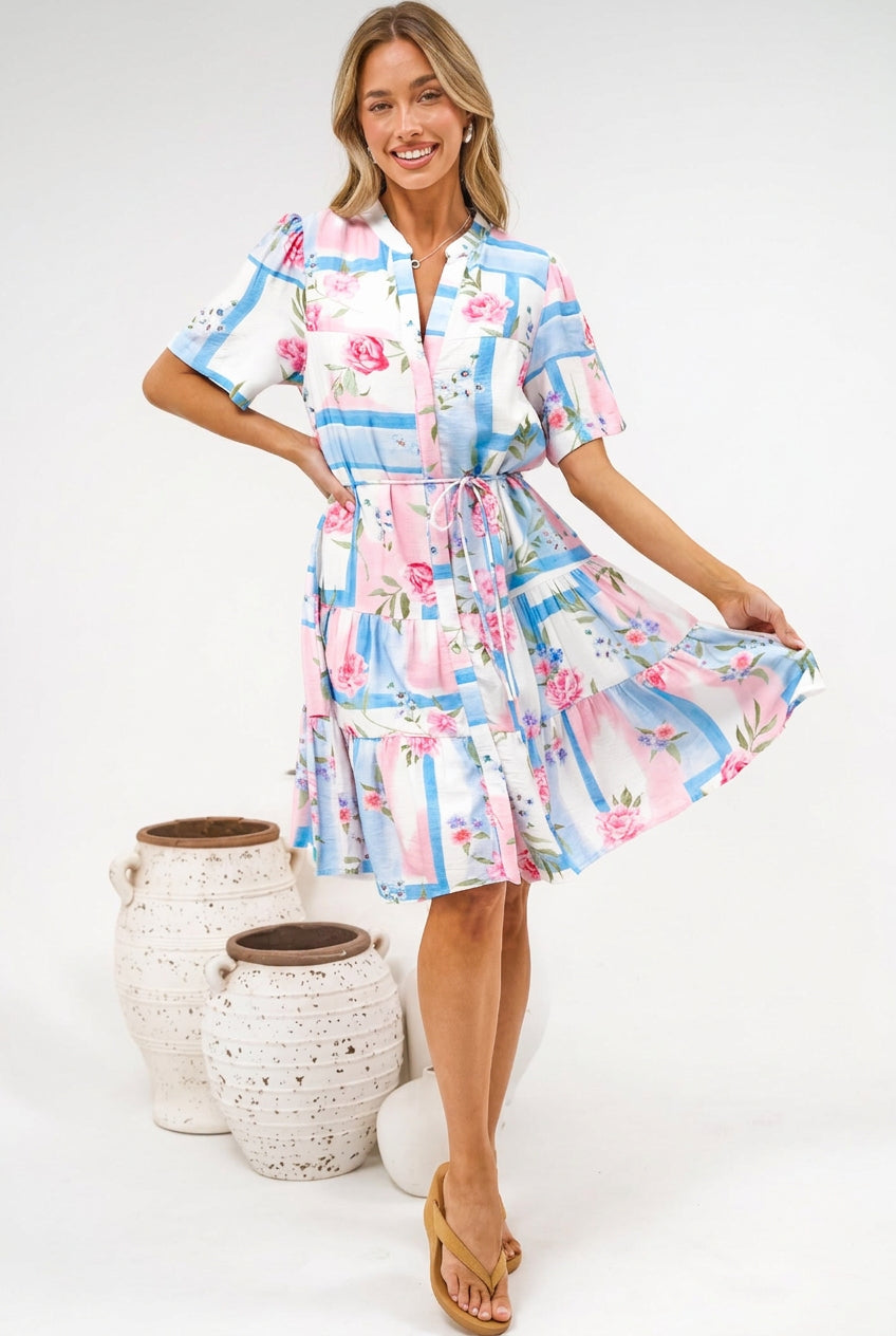 Alissa Mini Dress - Mandarin Collar Shirt Dress with Waist Tie in Bluebelle Print