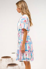 Alissa Mini Dress - Mandarin Collar Shirt Dress with Waist Tie in Bluebelle Print