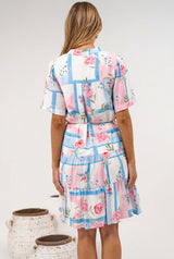 Alissa Mini Dress - Mandarin Collar Shirt Dress with Waist Tie in Bluebelle Print