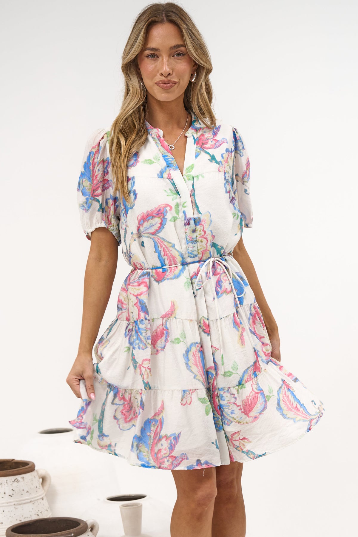Cecilia Mini Dress - Mandarin Collar Shirt Dress with String Belt in Lazuli Print