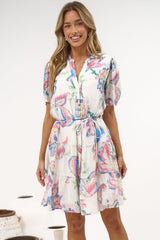 Cecilia Mini Dress - Mandarin Collar Shirt Dress with String Belt in Lazuli Print