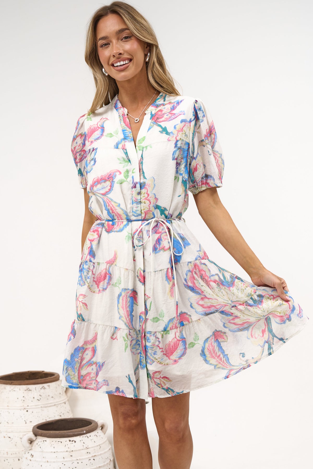 Cecilia Mini Dress - Mandarin Collar Shirt Dress with String Belt in Lazuli Print