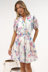Cecilia Mini Dress - Mandarin Collar Shirt Dress with String Belt in Lazuli Print