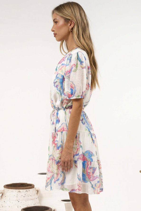 Cecilia Mini Dress - Mandarin Collar Shirt Dress with String Belt in Lazuli Print