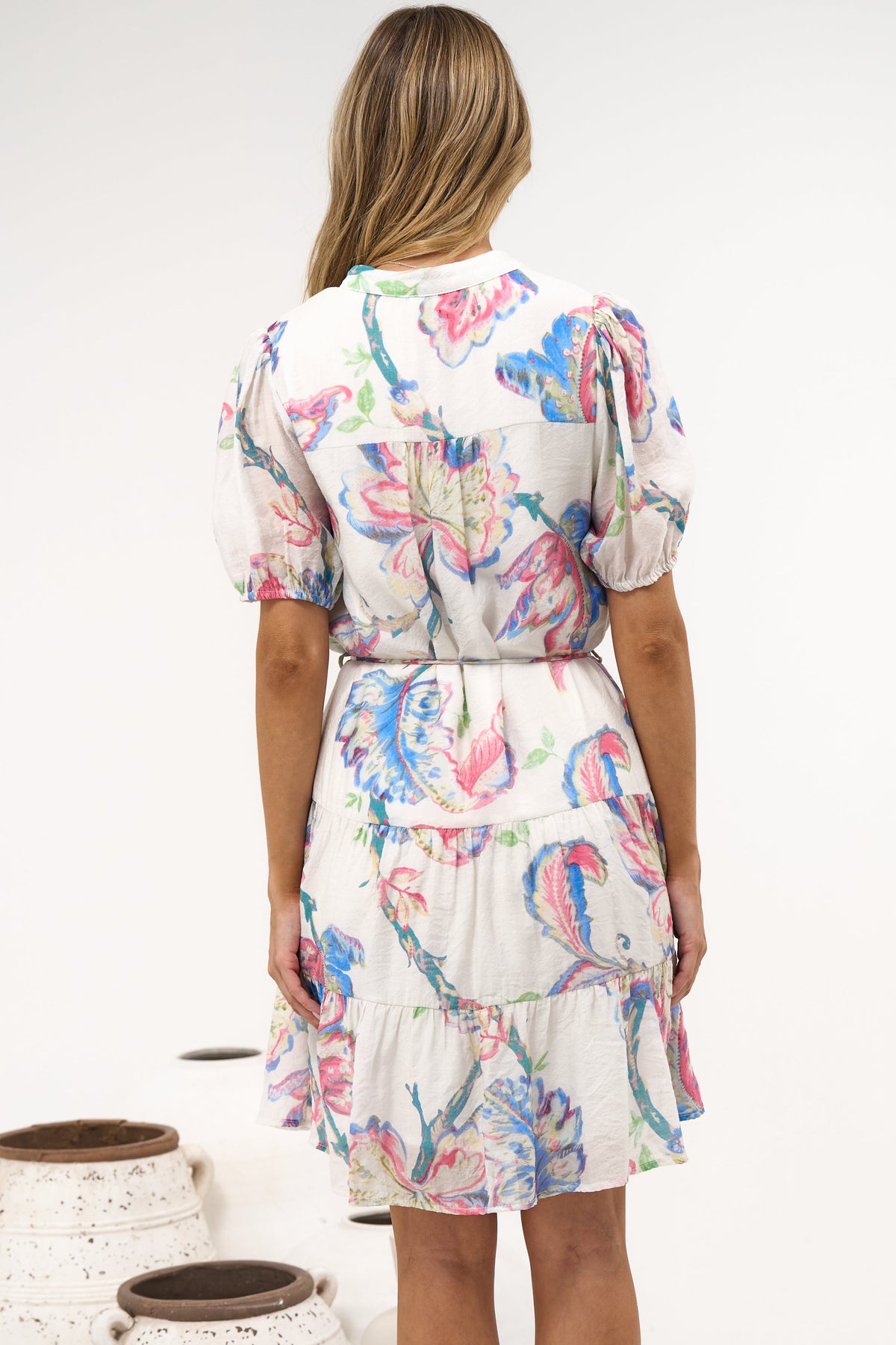 Cecilia Mini Dress - Mandarin Collar Shirt Dress with String Belt in Lazuli Print