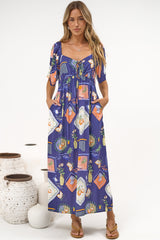 Elisha Midi Dress - On or Off Shoulder A-Line Dress with Empire Waistline in Kalil Print Navy