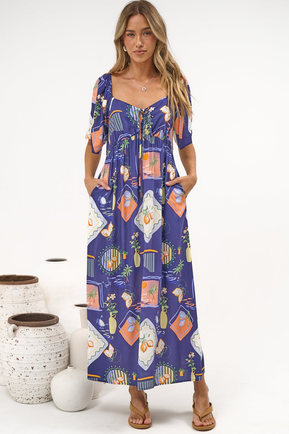 Elisha Midi Dress - On or Off Shoulder A-Line Dress with Empire Waistline in Kalil Print Navy