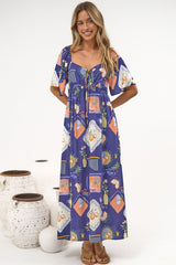 Elisha Midi Dress - On or Off Shoulder A-Line Dress with Empire Waistline in Kalil Print Navy