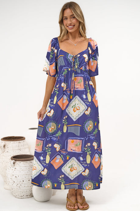 Elisha Midi Dress - On or Off Shoulder A-Line Dress with Empire Waistline in Kalil Print Navy