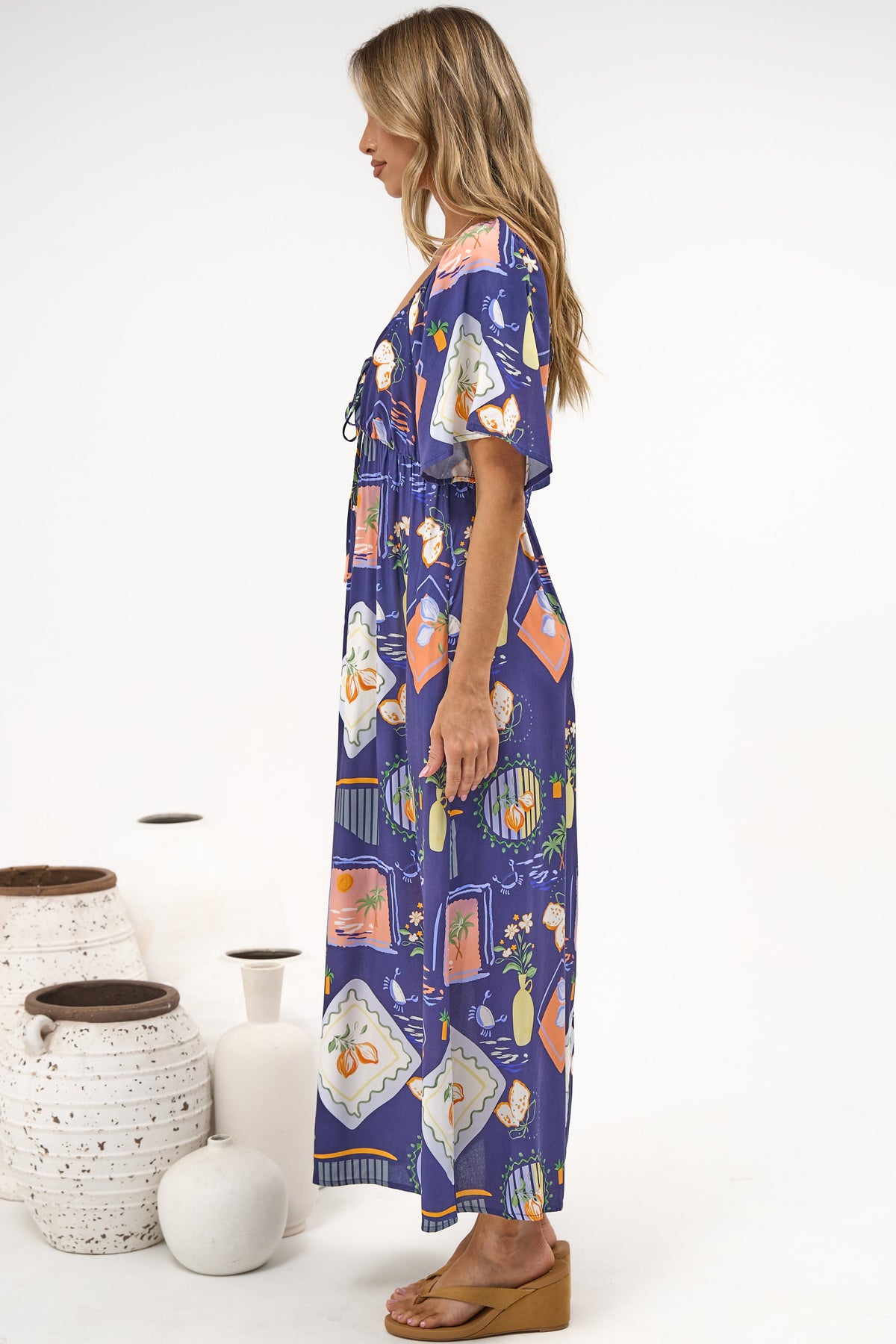 Elisha Midi Dress - On or Off Shoulder A-Line Dress with Empire Waistline in Kalil Print Navy