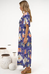 Elisha Midi Dress - On or Off Shoulder A-Line Dress with Empire Waistline in Kalil Print Navy