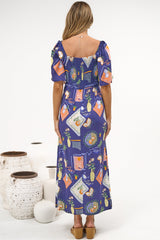 Elisha Midi Dress - On or Off Shoulder A-Line Dress with Empire Waistline in Kalil Print Navy