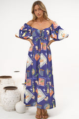 Elisha Midi Dress - On or Off Shoulder A-Line Dress with Empire Waistline in Kalil Print Navy