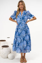 Malva Midi Dress - Split Collar Wavy Trim Detailed Shirt Dress with Waist Tie in Paiselle Print