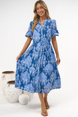 Malva Midi Dress - Split Collar Wavy Trim Detailed Shirt Dress with Waist Tie in Paiselle Print