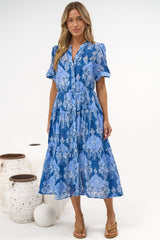 Malva Midi Dress - Split Collar Wavy Trim Detailed Shirt Dress with Waist Tie in Paiselle Print