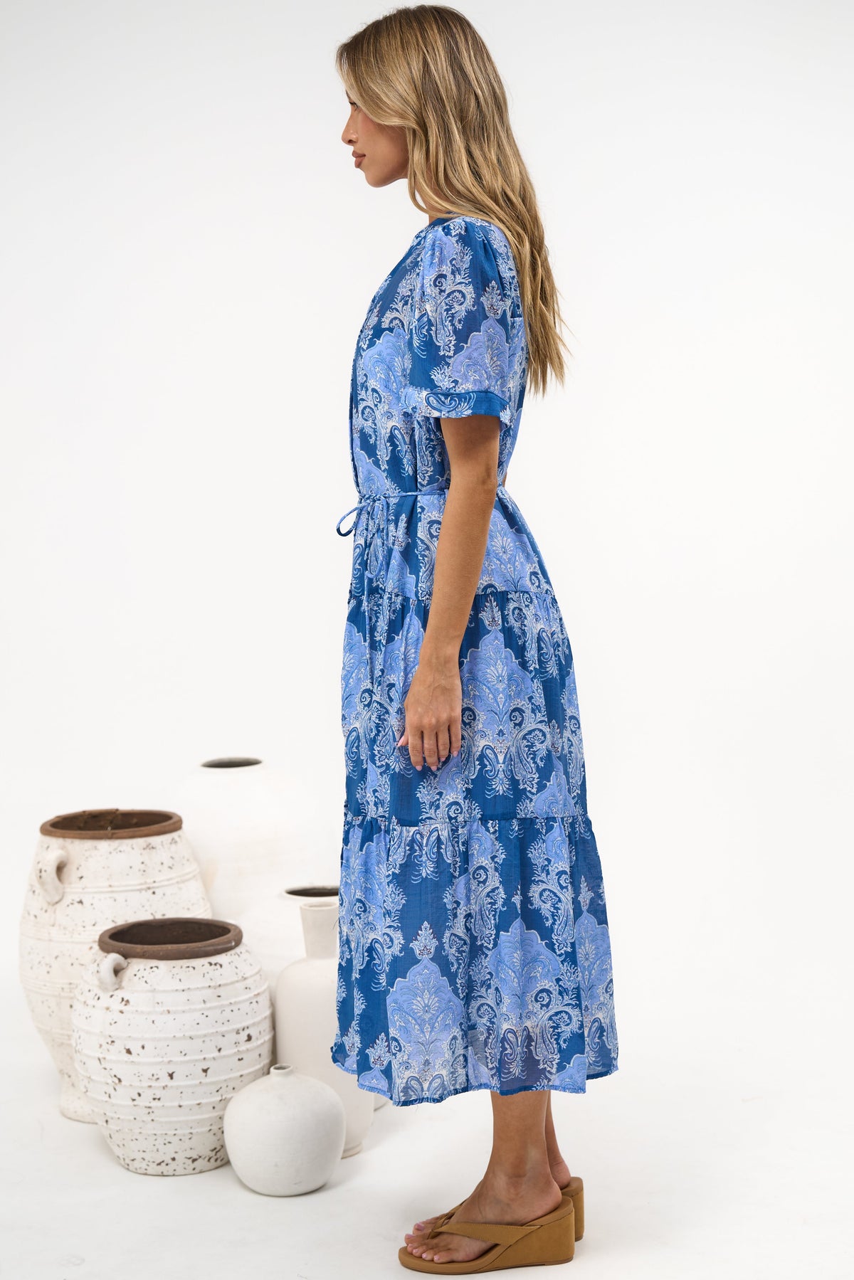 Malva Midi Dress - Split Collar Wavy Trim Detailed Shirt Dress with Waist Tie in Paiselle Print