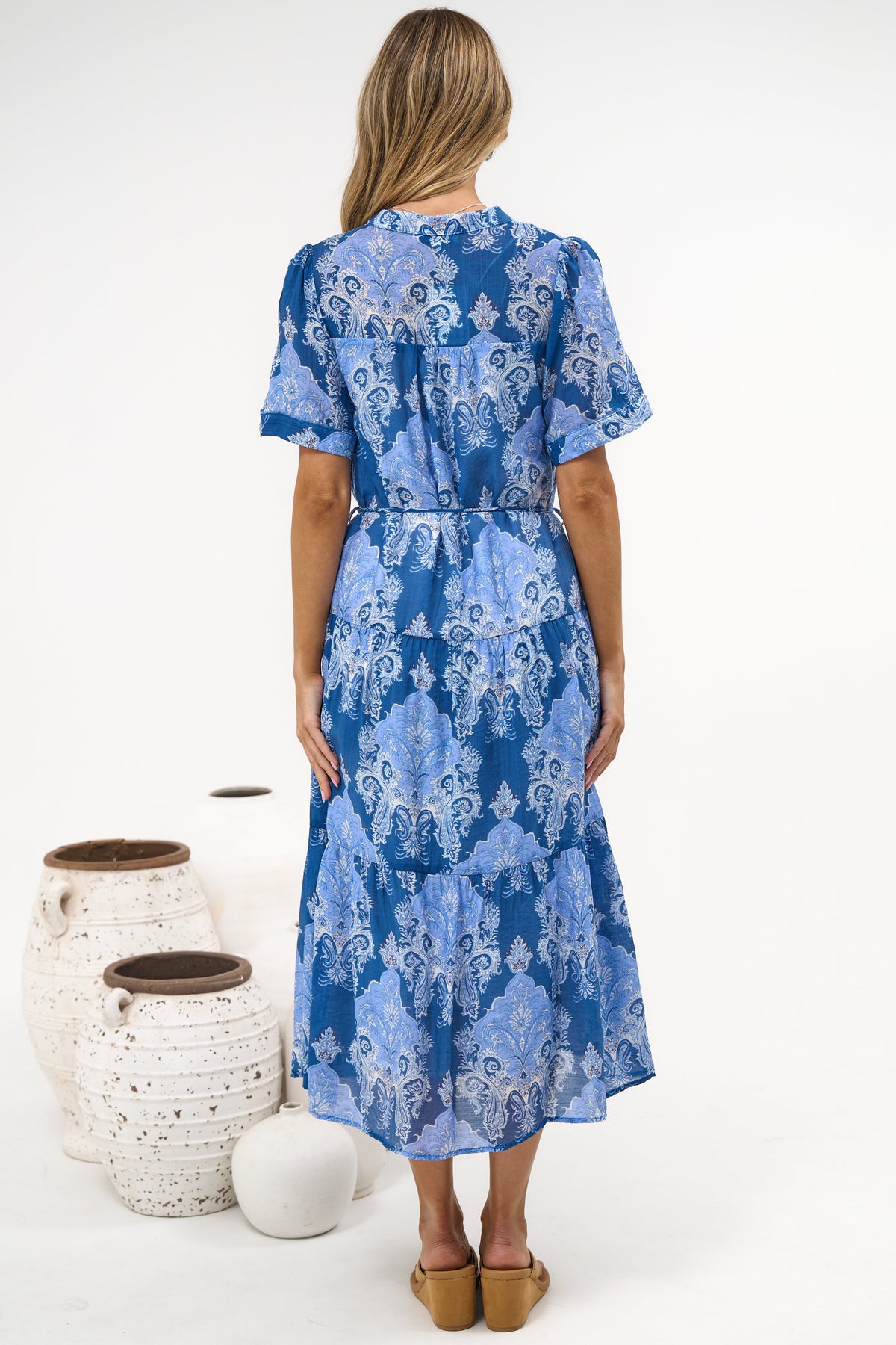 Malva Midi Dress - Split Collar Wavy Trim Detailed Shirt Dress with Waist Tie in Paiselle Print