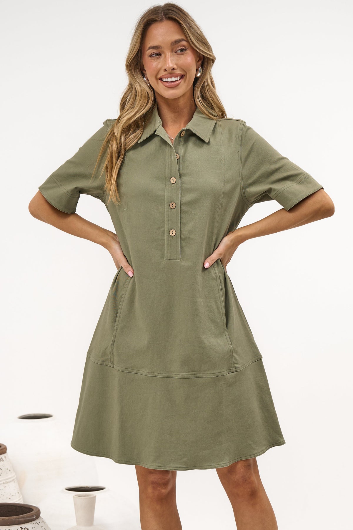 Nyx Mini Dress - Collared Short Sleeve Denim Dress with Pockets in Khaki