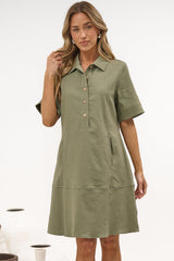 Nyx Mini Dress - Collared Short Sleeve Denim Dress with Pockets in Khaki