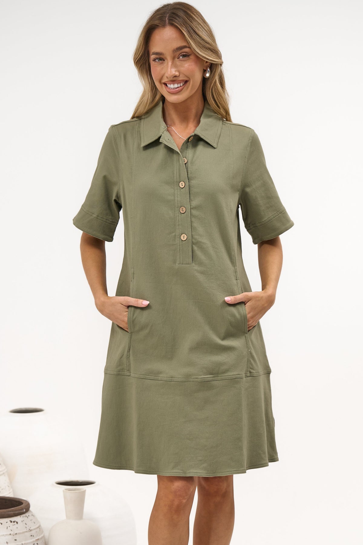 Nyx Mini Dress - Collared Short Sleeve Denim Dress with Pockets in Khaki