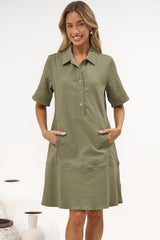 Nyx Mini Dress - Collared Short Sleeve Denim Dress with Pockets in Khaki
