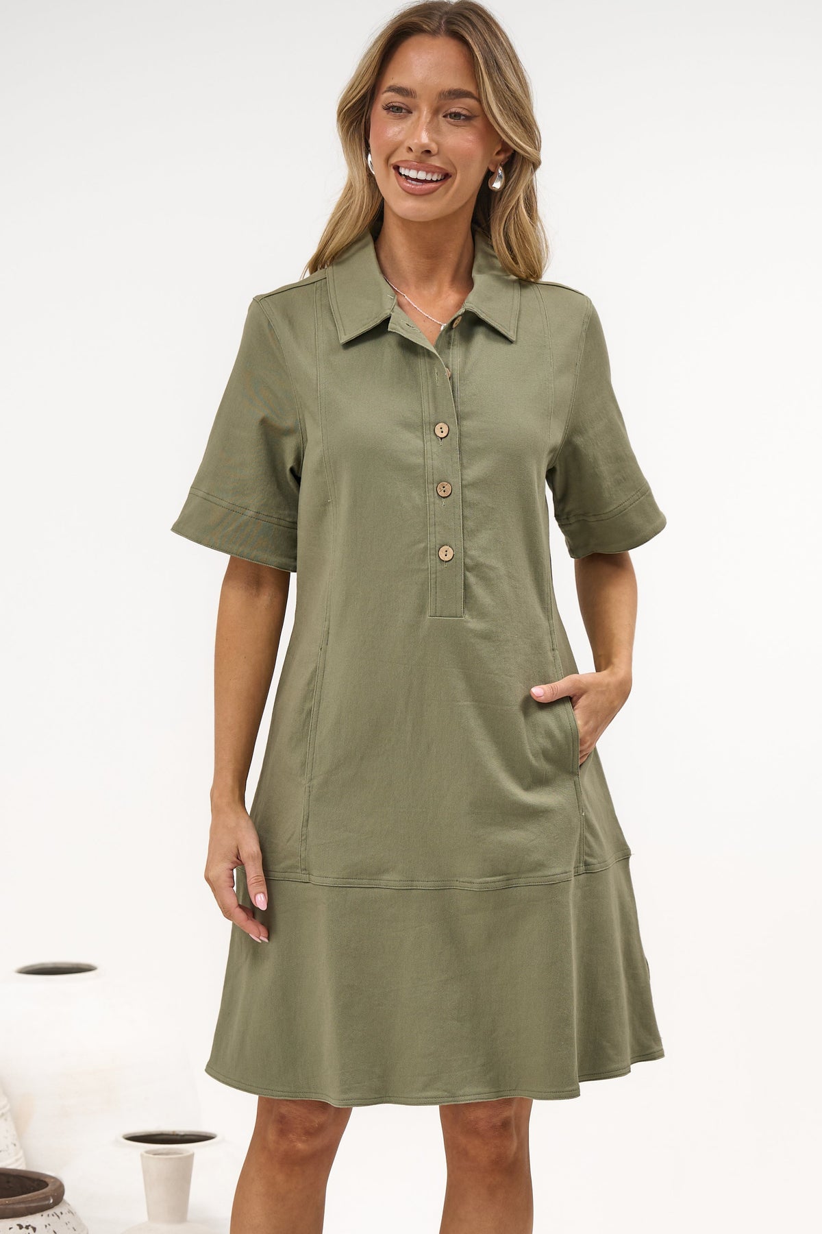 Nyx Mini Dress - Collared Short Sleeve Denim Dress with Pockets in Khaki