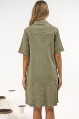Nyx Mini Dress - Collared Short Sleeve Denim Dress with Pockets in Khaki