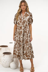 Andrea Midi Dress - Tiered Mandarin Collar Shirt Dress with Belt in Milos Print